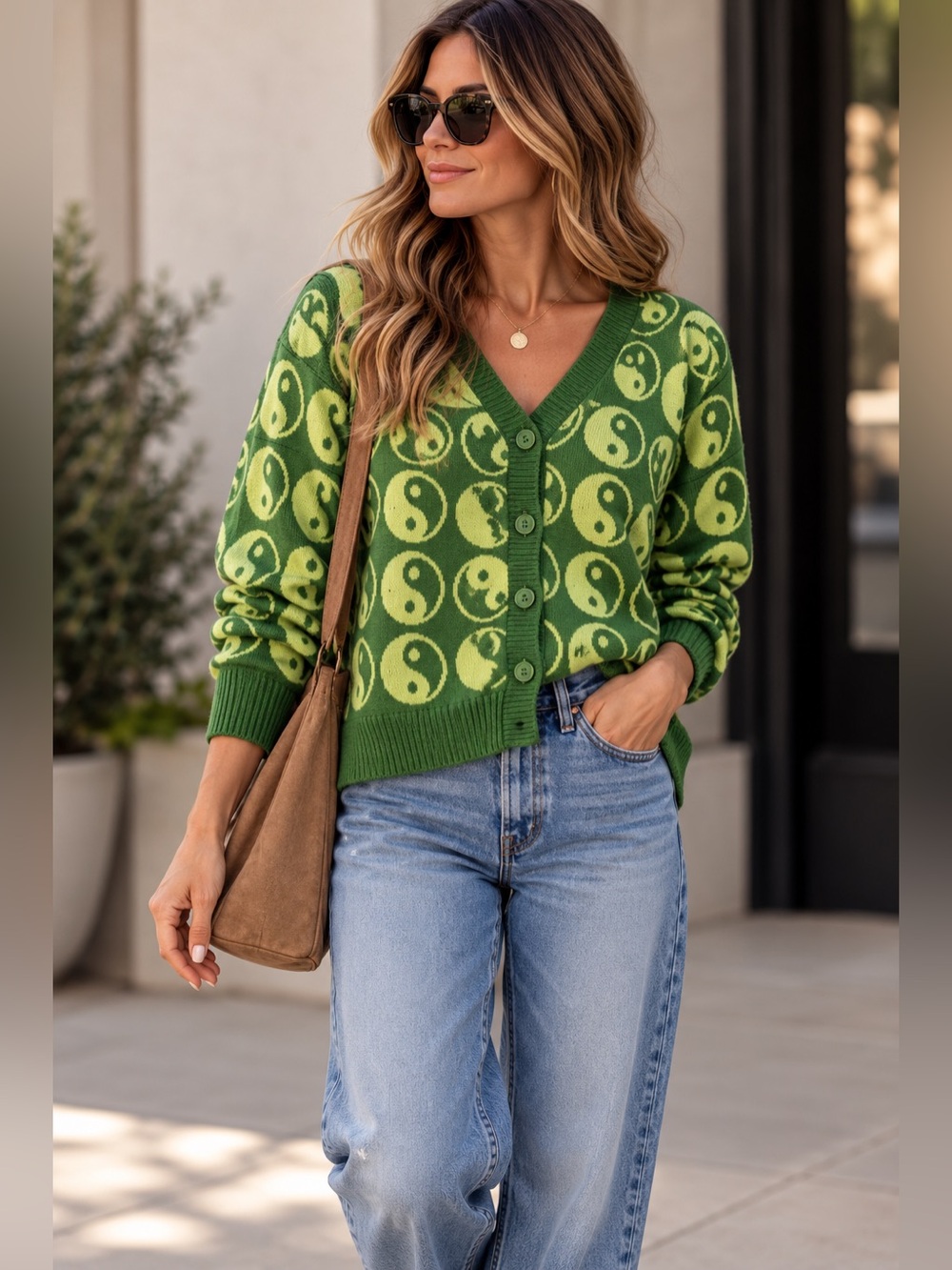Nikka K Size Large Green Yin Yang Button Front Cardigan Sweater Y2K